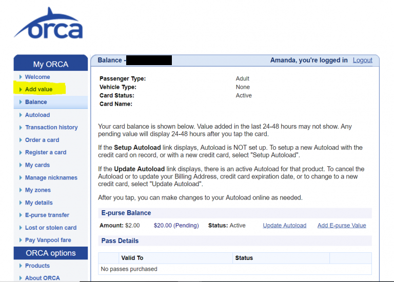 Orca Card Add Value Page