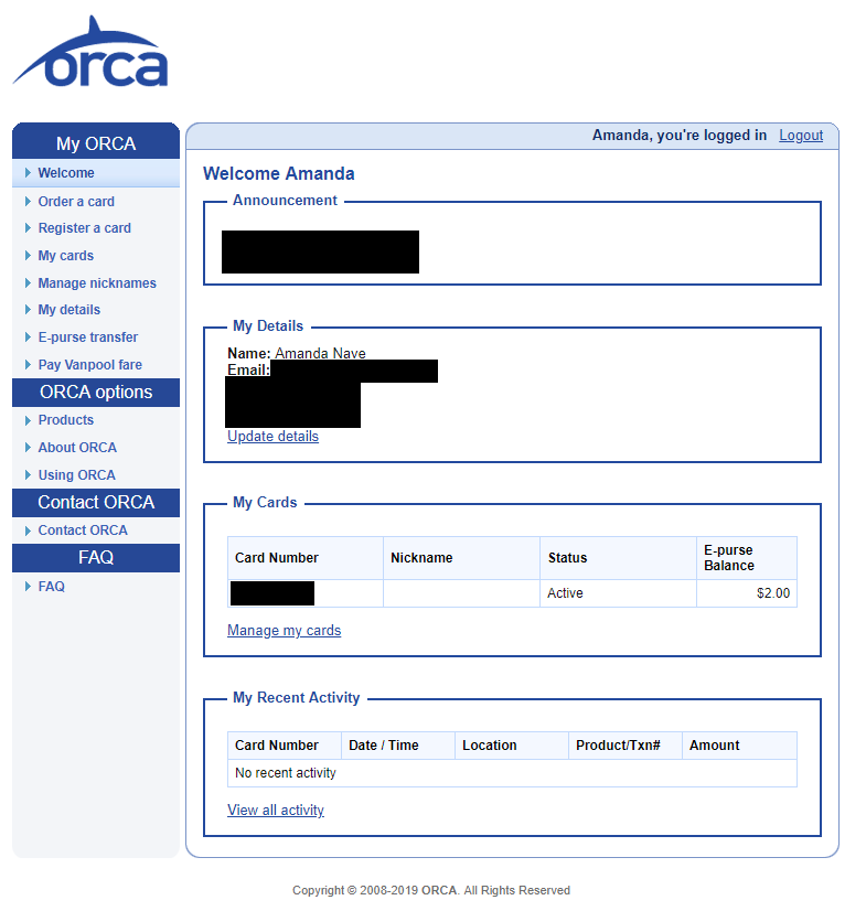 Orca Card Login Page